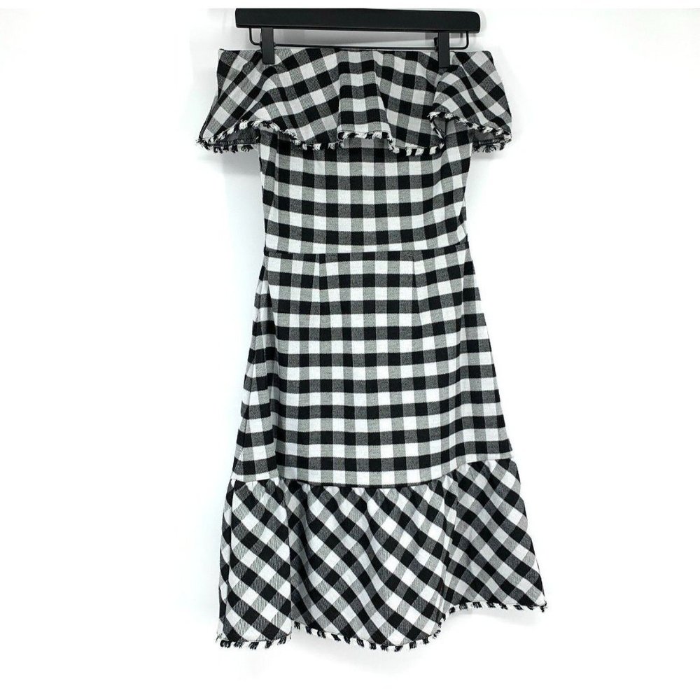 Ann Taylor Dress Gingham Print Off Shoulder Ruffle Black White - Picture 9 of 12